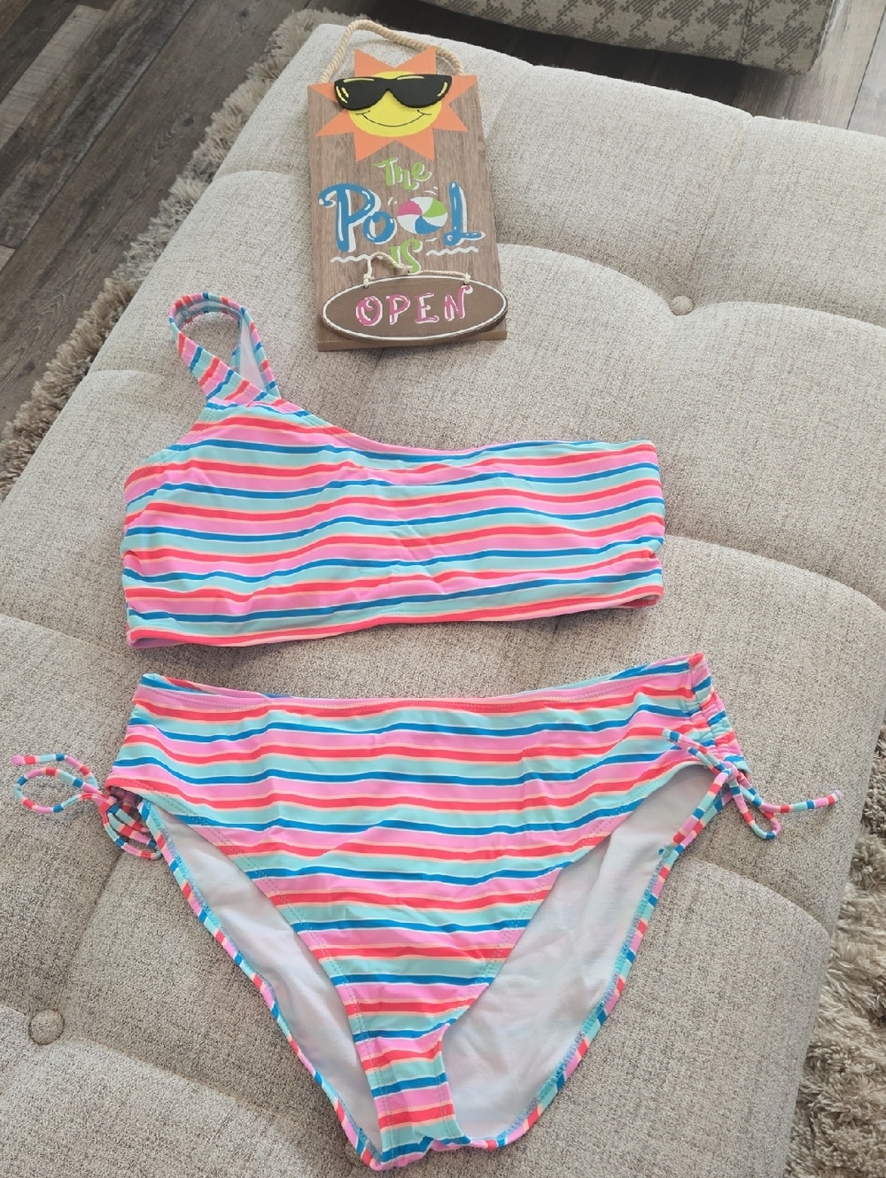 Crown & Ivy Pink, Blue and White Striped One-Shoulder Bikini Set
